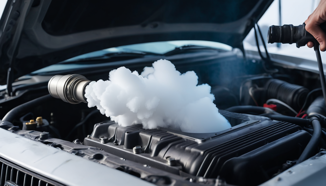 Dry ice blasting in action on an engine bay